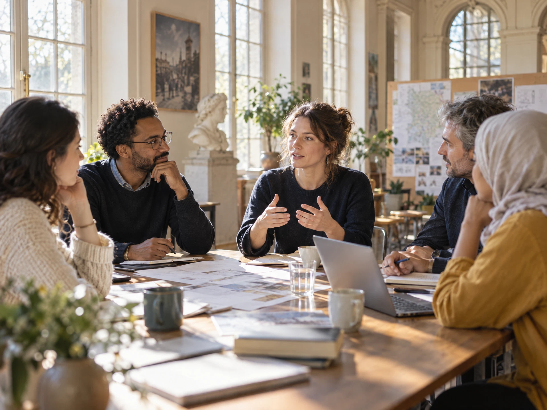 Personas adultas de distintos orígenes intercambian ideas en un taller comunitario europeo