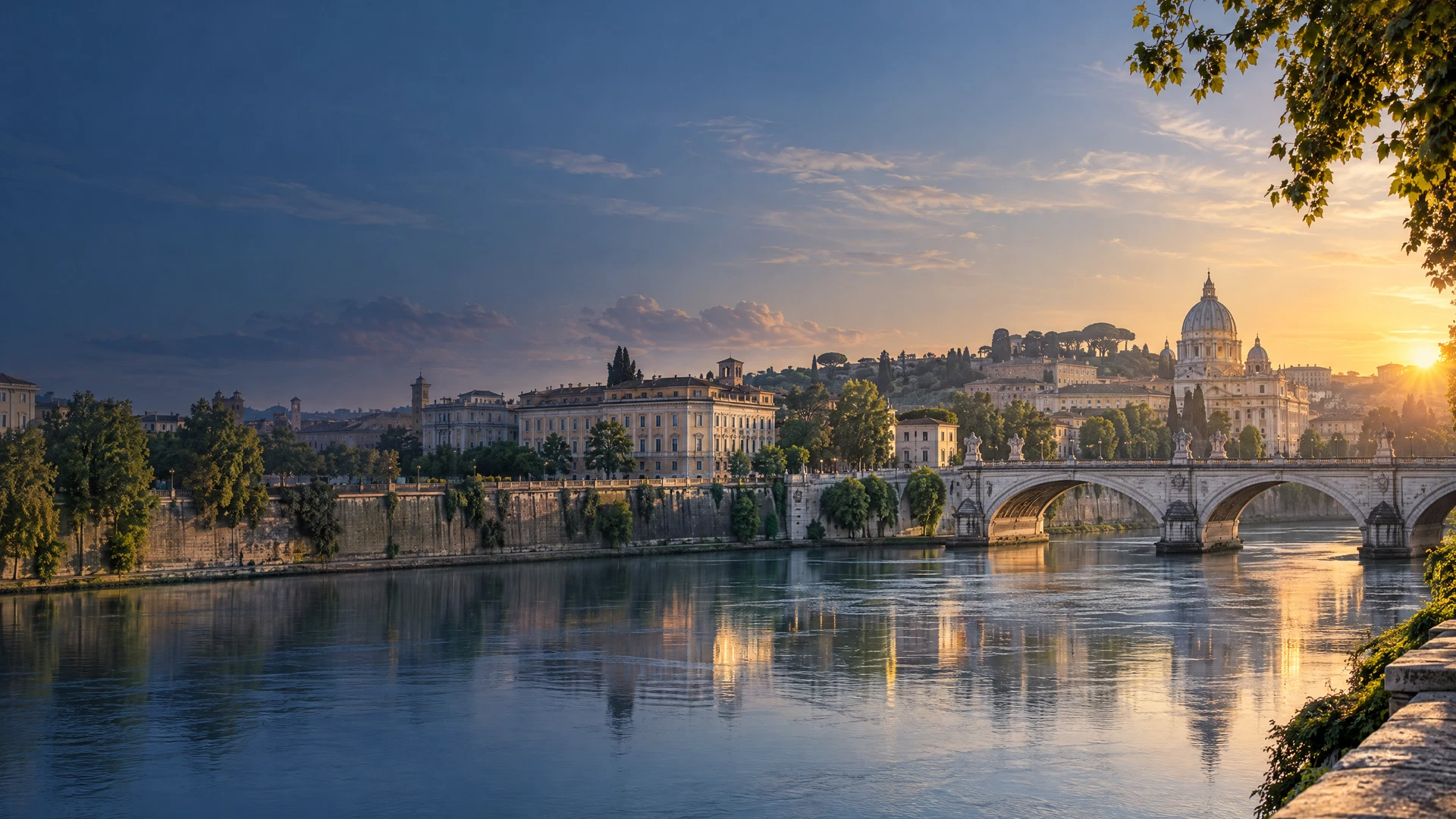 Vista matinal de una ciudad europea junto a un río