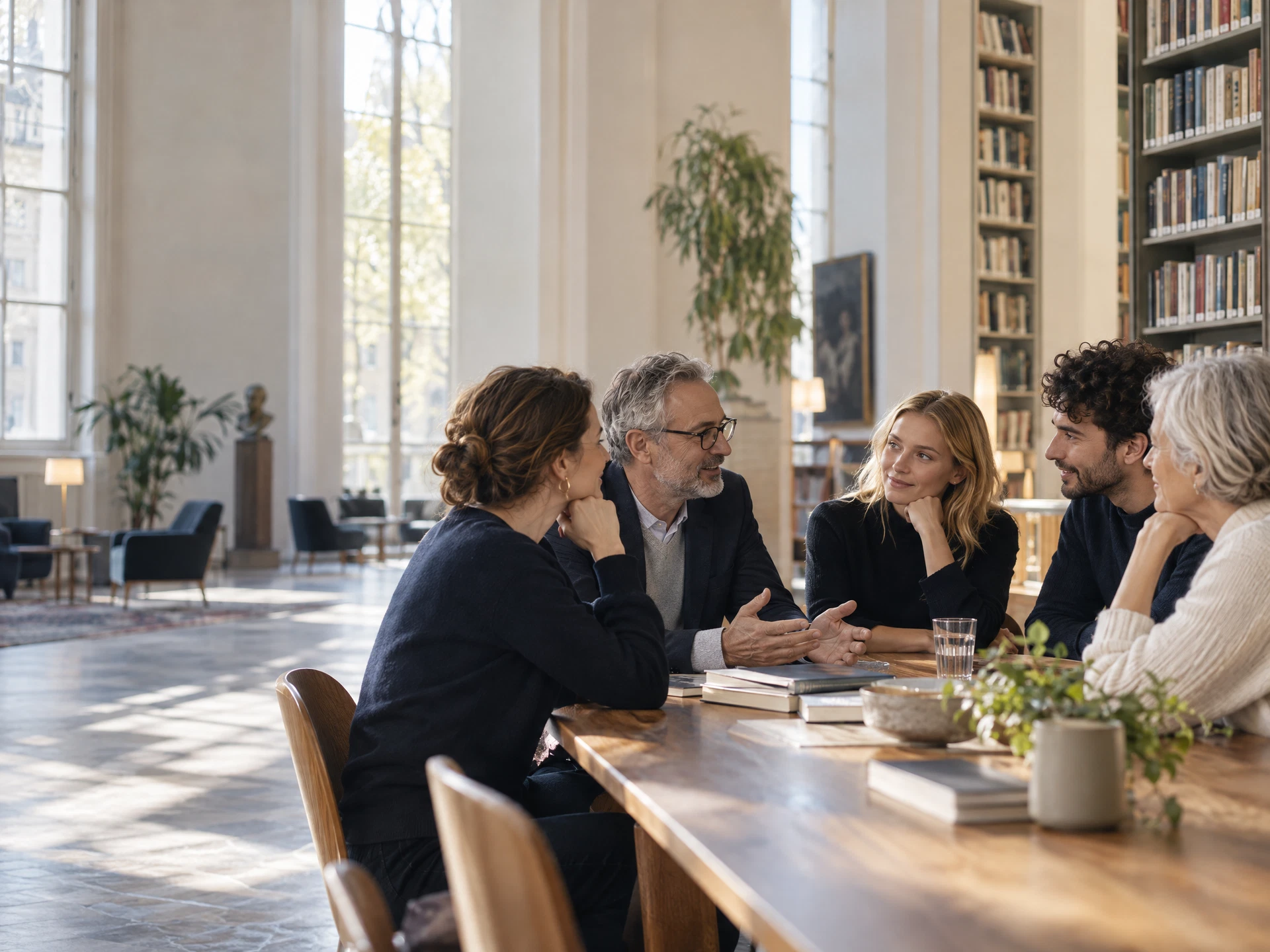 Un grupo de adultos reunidos en un espacio cultural luminoso
